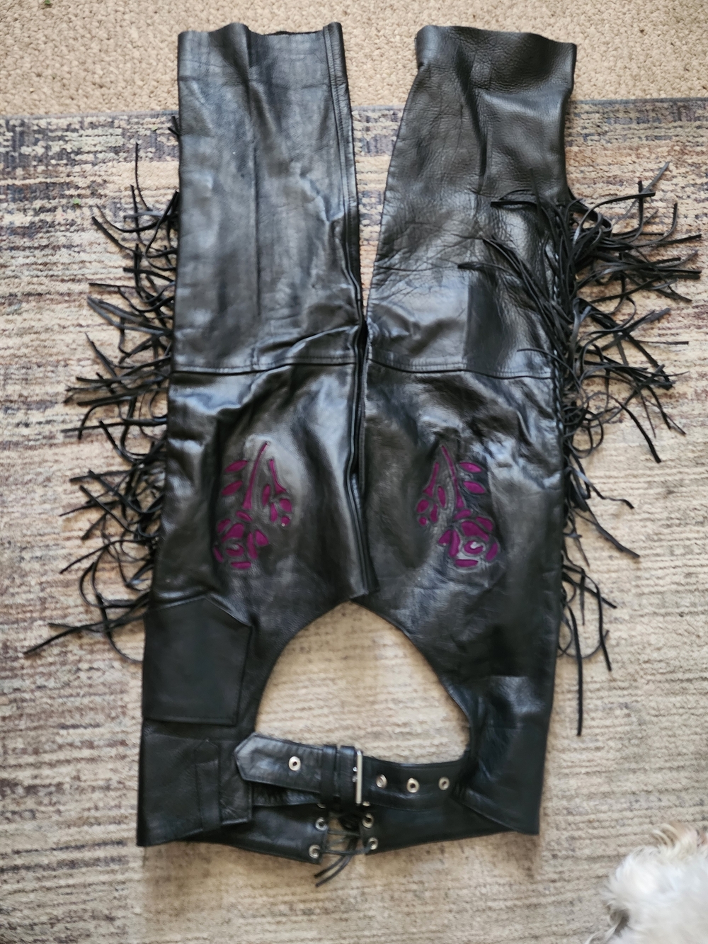 Black Leather Fringe Chaps with Purple Embroidery